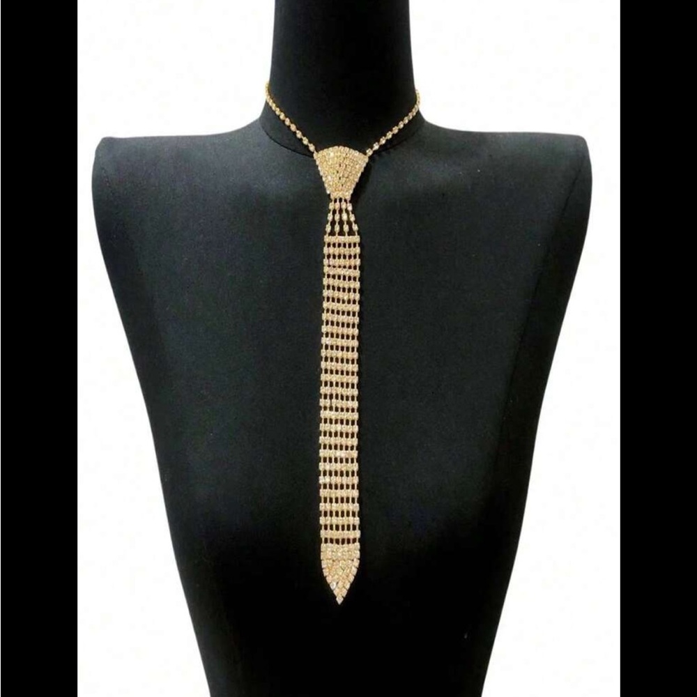 Cubic Zirconia Golden Necktie Necklace - Picture 4 of 6